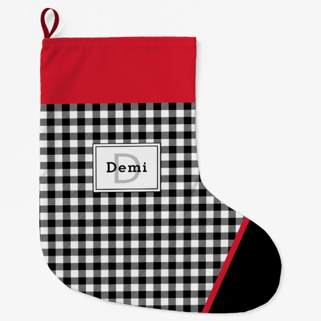Grande Chaussette De Noël Black & White Plaid Toe Trim Monogram (Devant)
