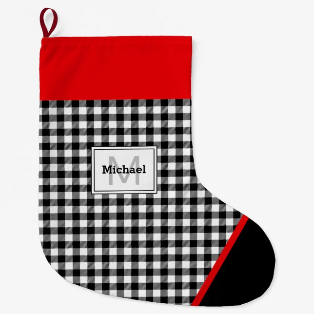 Grande Chaussette De Noël Black & White Plaid Toe Trim Monogram (Devant)