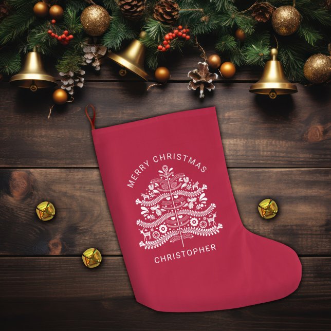 Grande Chaussette De Noël Blanc sur sapin rouge scandinave de Noël (Créateur téléchargé)