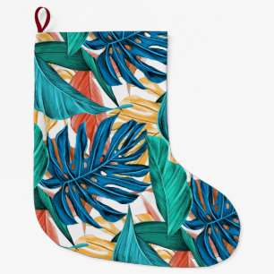 Grande Chaussette De Noël Bleu tropical feuilles jaunes