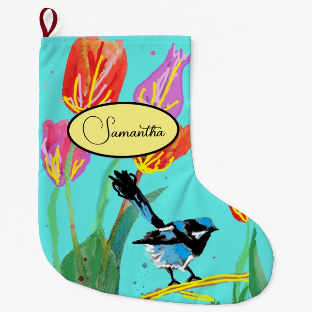 Grande Chaussette De Noël Blue Wren Oiseaux australiens Noël Stocker (Devant)