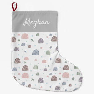 Grande Chaussette De Noël boho moderne pastel arc-en-ciel étoiles monogramme