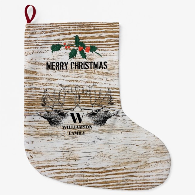 Grande Chaussette De Noël Bois rustique Texture Cerf Cabine de bois (Devant)