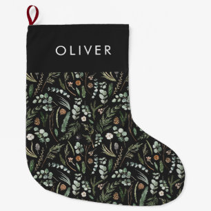 Grande Chaussette De Noël Botanique noire élégant cadeau familial moderne