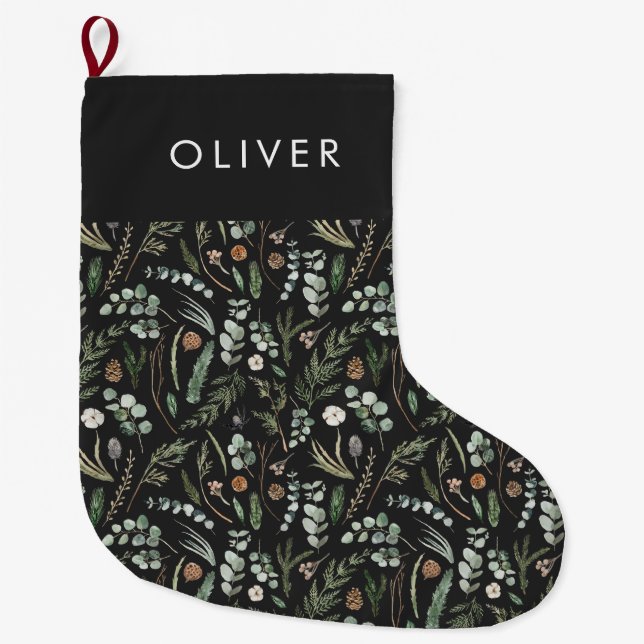Grande Chaussette De Noël Botanique noire élégant cadeau familial moderne (Devant)
