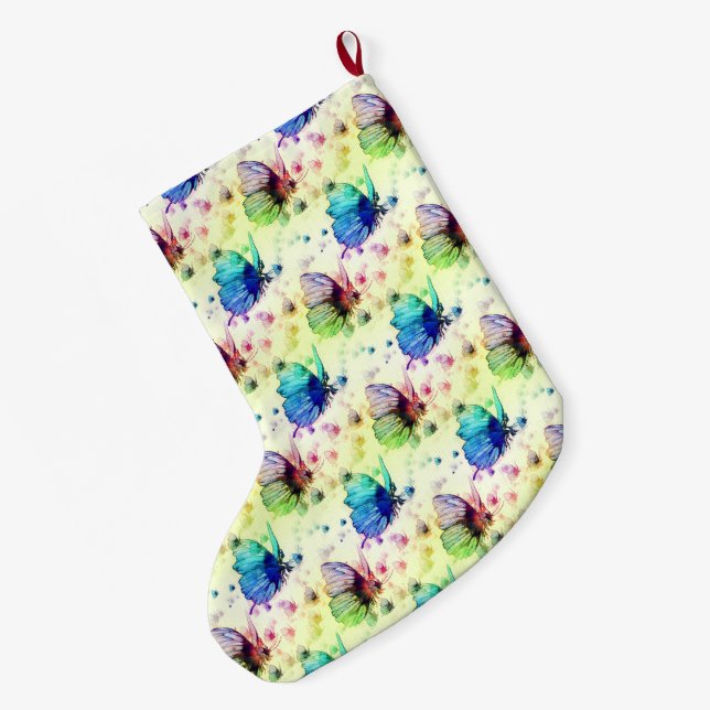Grande Chaussette De Noël Bouchon de papillons aquarelle (Dos (Accrochage))
