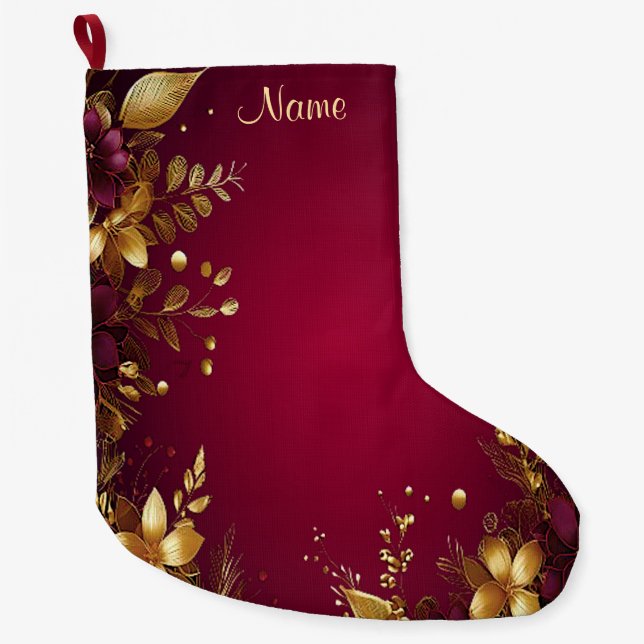 Grande Chaussette De Noël Bourgogne Rouge Or Fleurs Vacances Stocker (Devant)