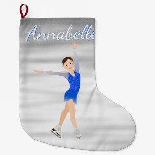 Grande Chaussette De Noël Brunette Patinage Figure En Bleu