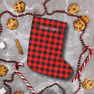 Grande Chaussette De Noël Buffalo Plaid Avec Petites Étoiles Nom Personnalis