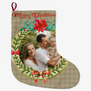Grande Chaussette De Noël Cadre photo personnalisé et couronne de Noël