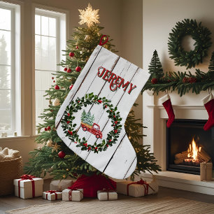 Grande Chaussette De Noël Camion Rouge en Bois Bruté Maison de Campagne