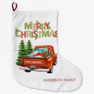 Grande Chaussette De Noël Camion Rouge Sapin Joyeux Noël - Personnalisé