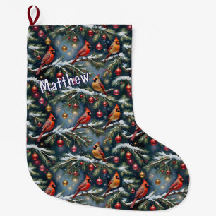 Grande Chaussette De Noël Cardinaux rouges et ornements de Noël