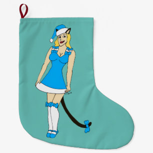 Grande Chaussette De Noël Catgirl de Noël bleu