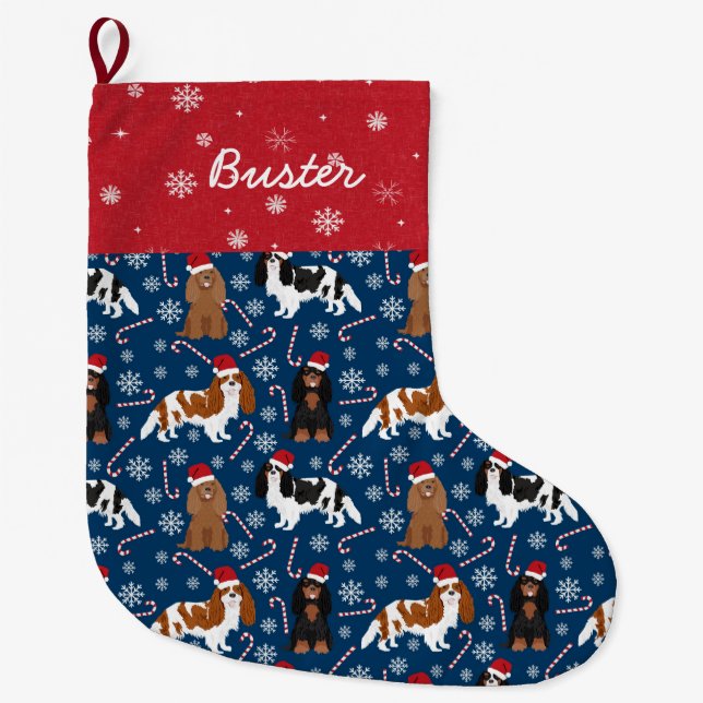 Grande Chaussette De Noël Cavalier King Charles Spaniel Nom du sucre de cann (Devant)