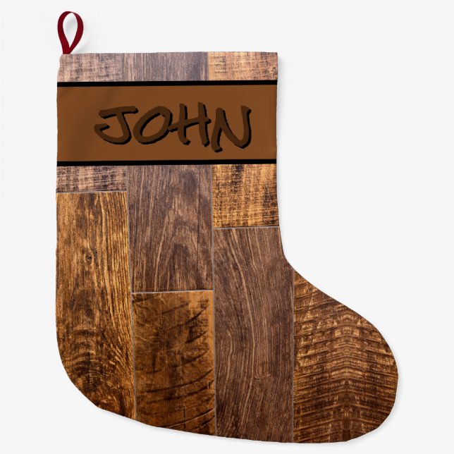 Grande Chaussette De Noël Cèdre | motif de bois rustique (Devant)