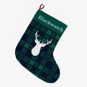 Grande Chaussette De Noël Cerf de Tartan Tartan Vert Personnalisé