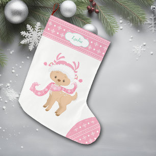 Grande Chaussette De Noël Cerfs communs roses de Père Noël de motif avec