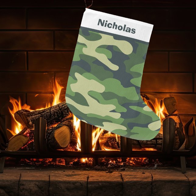 Grande Chaussette De Noël Chasseur de camouflage vert Monogramme Motif neutr (Créateur téléchargé)