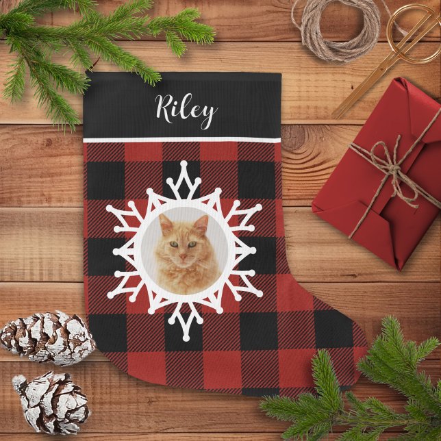 Grande Chaussette De Noël Chat de Noël Snowy Buffalo Plaid (Créateur téléchargé)