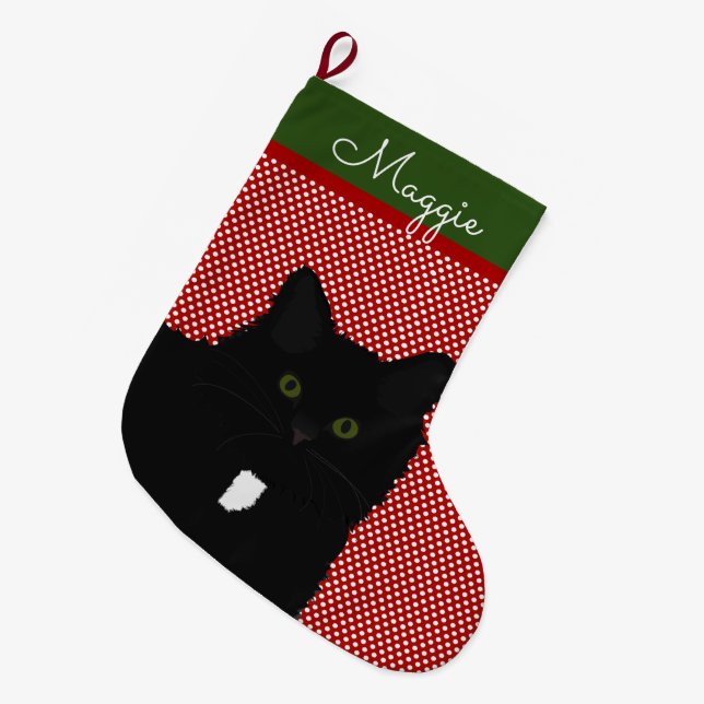 Grande Chaussette De Noël Chat noir à cheveux longs Personnalisé (Devant (Accrochage))