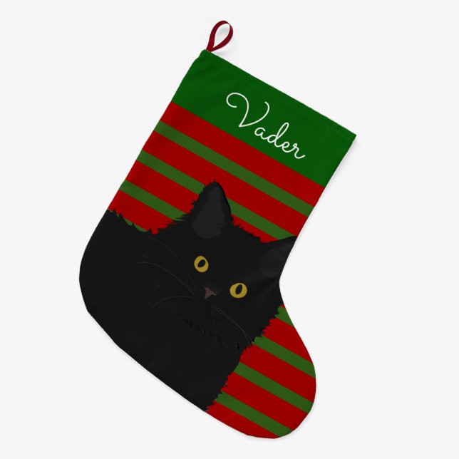 Grande Chaussette De Noël Chat noir cheveux longs Personnalisé (Devant (Accrochage))