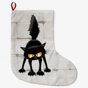 Grande Chaussette De Noël Chat noir de dessin animé drôle et féroce 