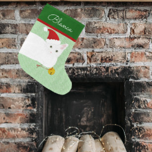 Grande Chaussette De Noël Chat Père Noël Shorthair Blanc Personnalisé