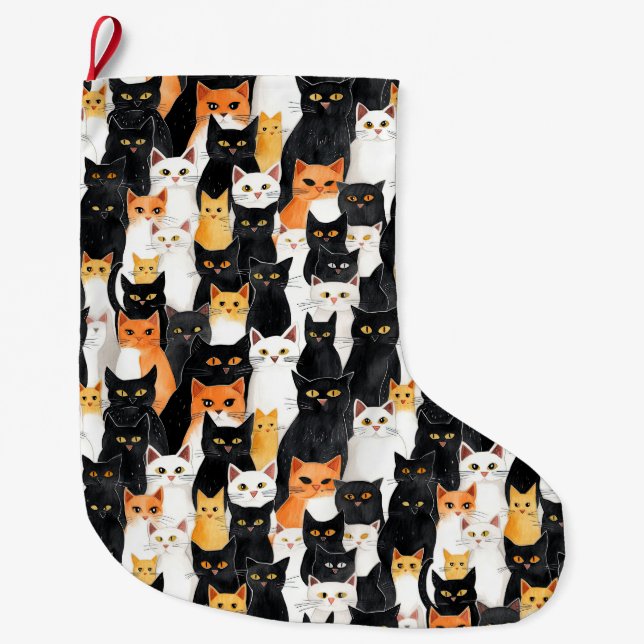 Grande Chaussette De Noël Chats blancs oranges noirs (Devant)