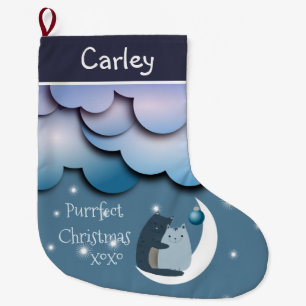 Grande Chaussette De Noël Chats de Noël sur la lune personnalisés