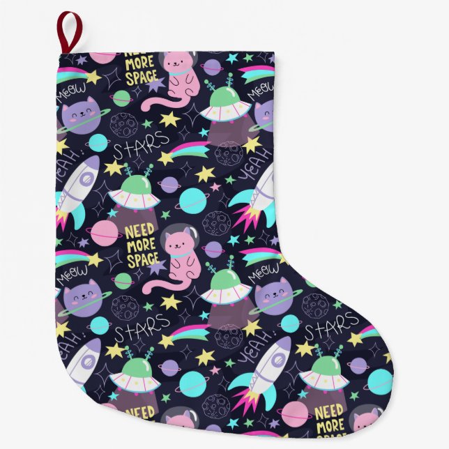Grande Chaussette De Noël Chats spatiaux (Devant)