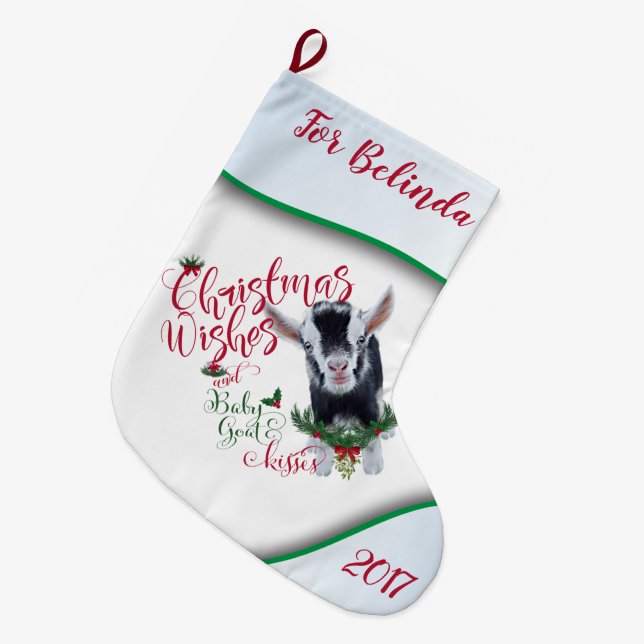 Grande Chaussette De Noël CHÈQUE | voeux de Noël Bébé Chèvre Baisers Nigéria (Devant (Accrochage))