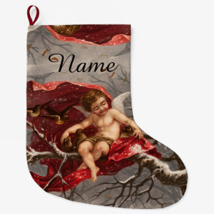 GRANDE CHAUSSETTE DE NOËL CHERUBE À FEU SUR ARBRE D'HIVER AVEC OISEAUX
