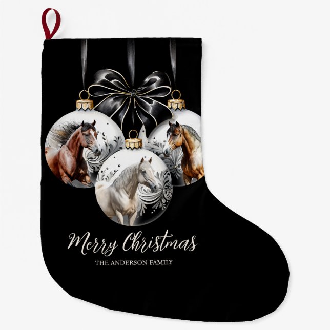 Grande Chaussette De Noël Chevaux noir et or Citation de Noël (Devant)