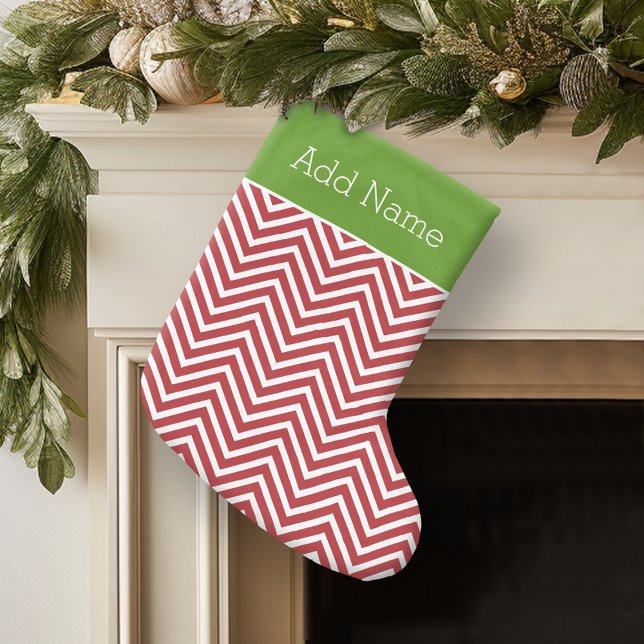 Grande Chaussette De Noël Chevrons rouges et blancs Nom personnalisé (Personalized Christmas Stocking)