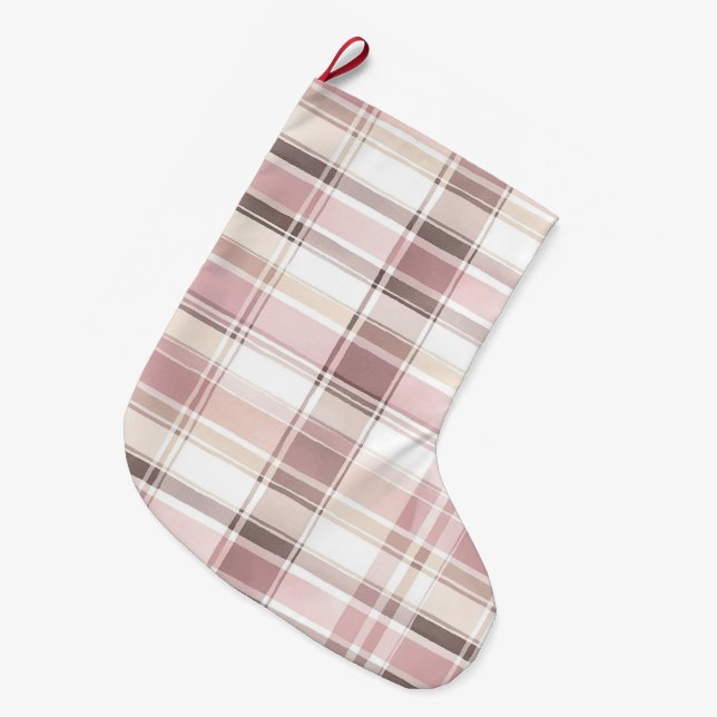 Grande Chaussette De Noël Chic Blush Pink Crème Blanche Plaid Noël (Devant (Accrochage))