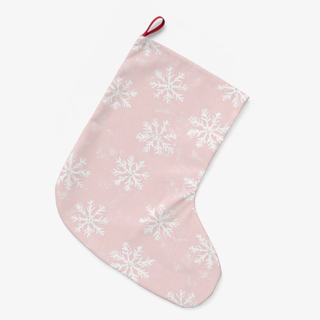 Grande Chaussette De Noël Chic Blush Pink White Snowflakes (Devant (Accrochage))