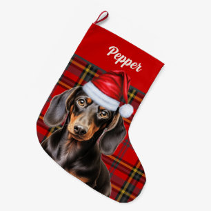 Grande Chaussette De Noël Chien lisse Dachshund Plaid de vacances Personnali