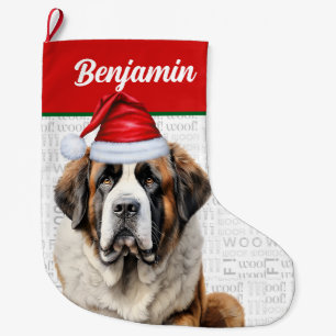Grande Chaussette De Noël Chien Saint-Bernard de Noël avec nom Woof