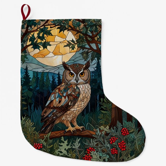 Grande Chaussette De Noël Chouette boho élégant tache de verre forêt boisée (Devant)