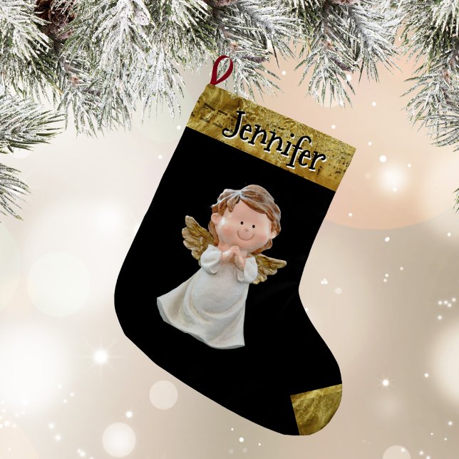 Grande Chaussette De Noël Christmas Angel With Name, Gold  (Christmas Angel With Name - Black and Gold)