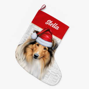 Grande Chaussette De Noël Christmas Collie Chien avec le nom Woof Arrière - 