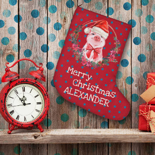 Grande Chaussette De Noël Christmas Pig Cute Piglet Bow Wreath Polka Dots