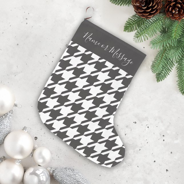 Grande Chaussette De Noël Classic moderne noir et blanc Houndstooth (Créateur téléchargé)