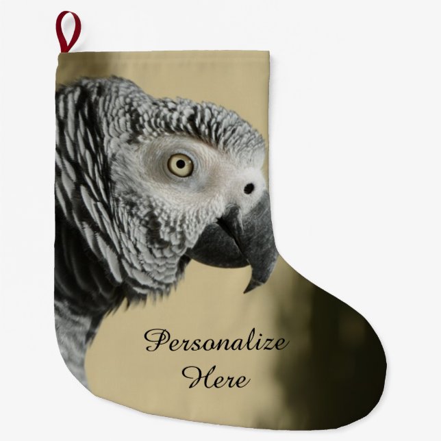 Grande Chaussette De Noël Congo Perroquet gris avec plumes rouillées (Devant)