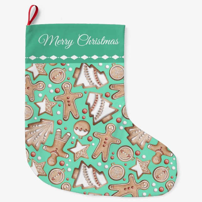 Grande Chaussette De Noël Cookies de vacances Motif sur Turquoise (Devant)