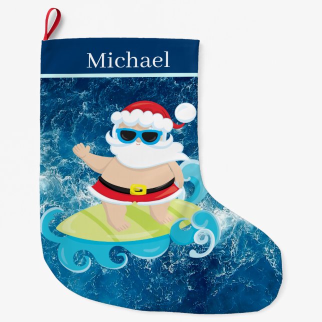 Grande Chaussette De Noël cool Beach surf Père Noël Small  (Devant)