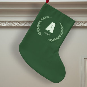 Grande Chaussette De Noël Couronne de laurier vert Lettre A Monogramme