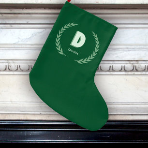 Grande Chaussette De Noël Couronne de laurier vert Lettre D Monogramme