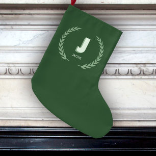 Grande Chaussette De Noël Couronne de Laurier Vert Lettre J Monogramme